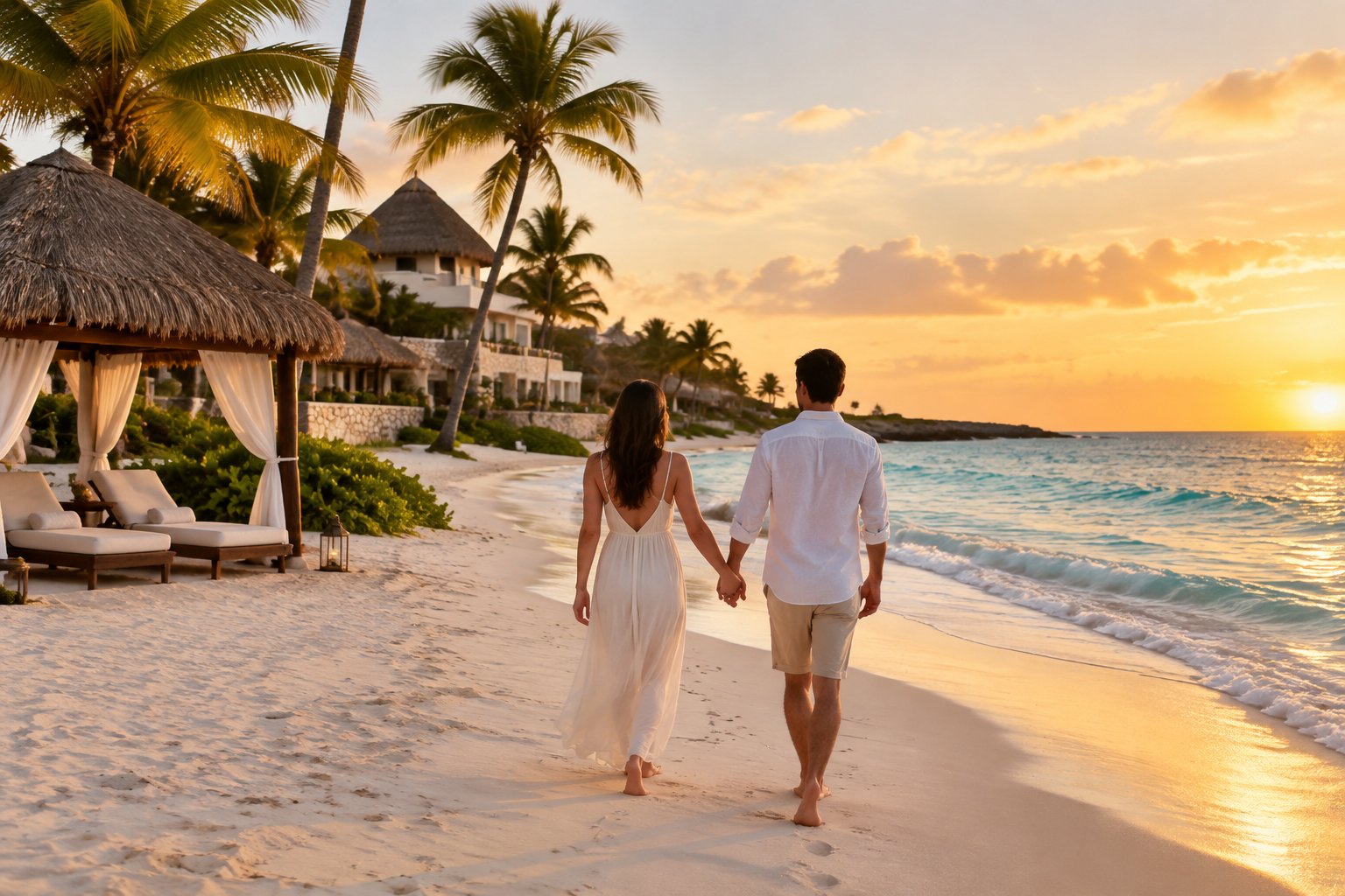 A couple walks hand in hand along a tropical beach beside a Mexican resort.
