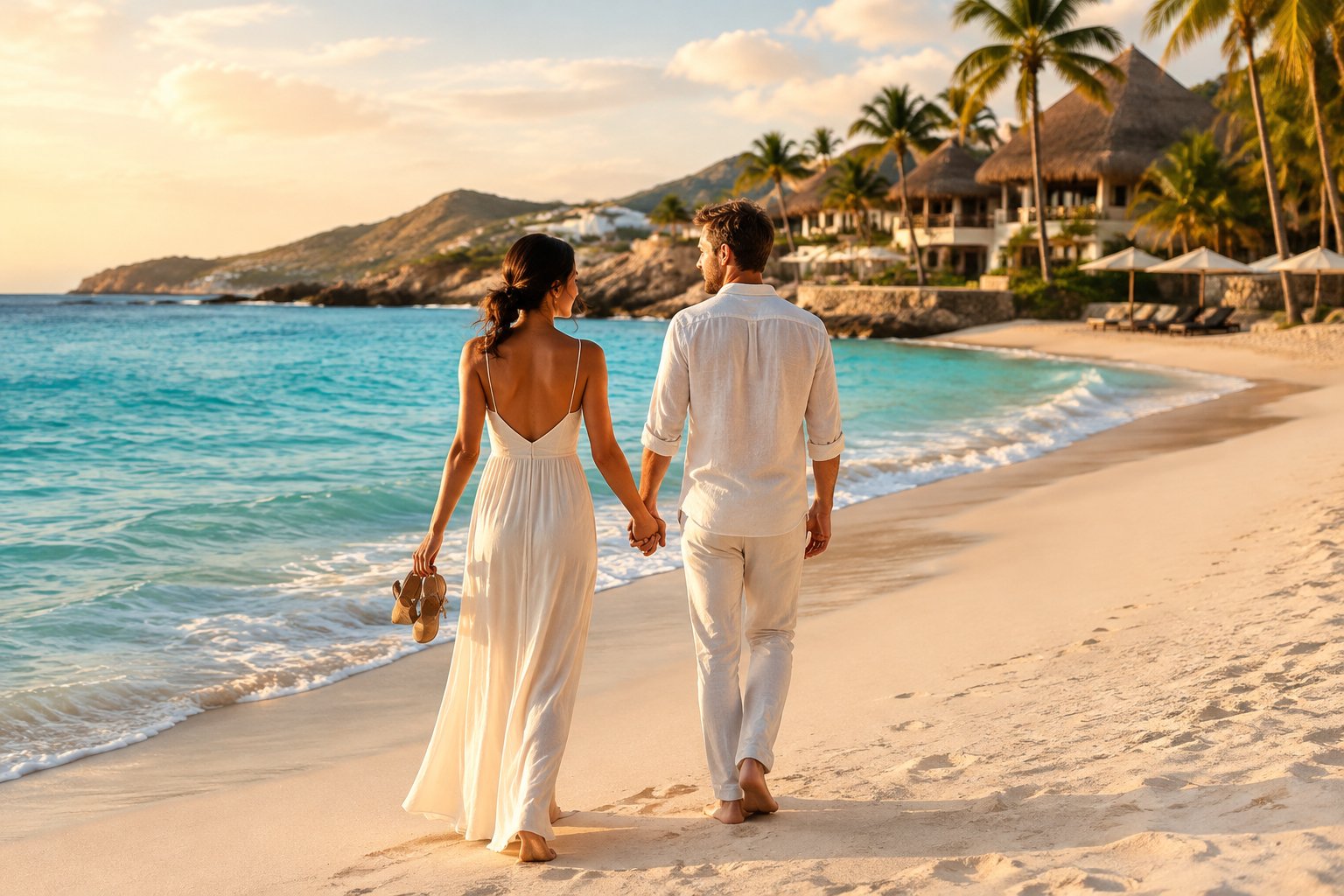 A newlywed couple walks hand in hand along a tropical beach beside a Mexican resort.