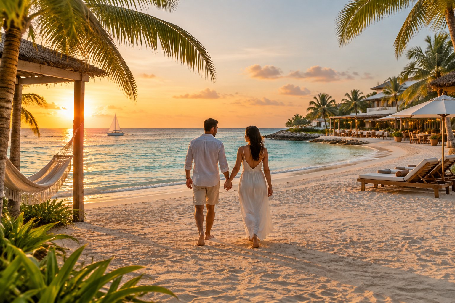 A couple walks along a tropical beach toward the sea.