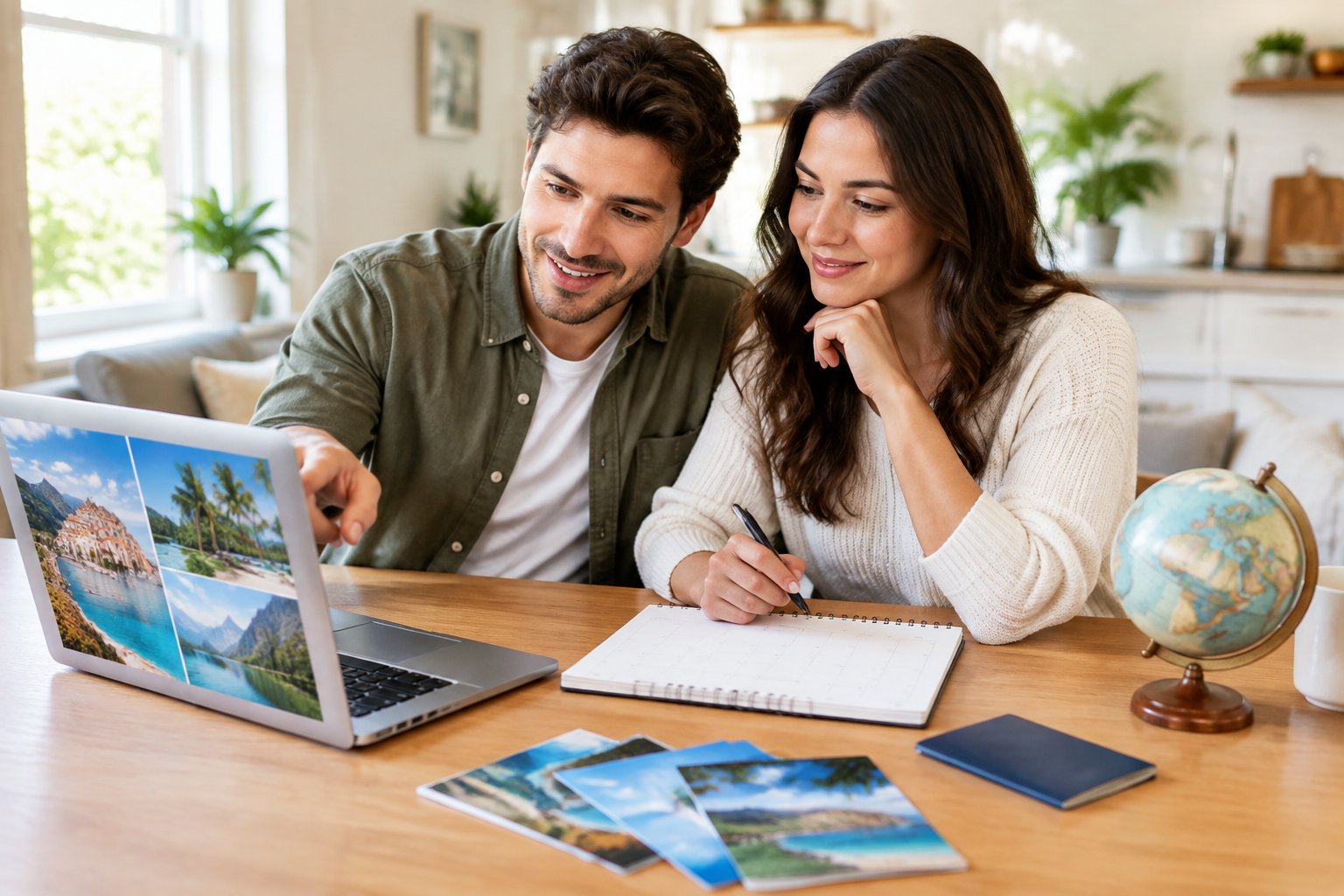 An engaged couple discusses honeymoon plans at a table with a laptop, calendar, passport, and globe.