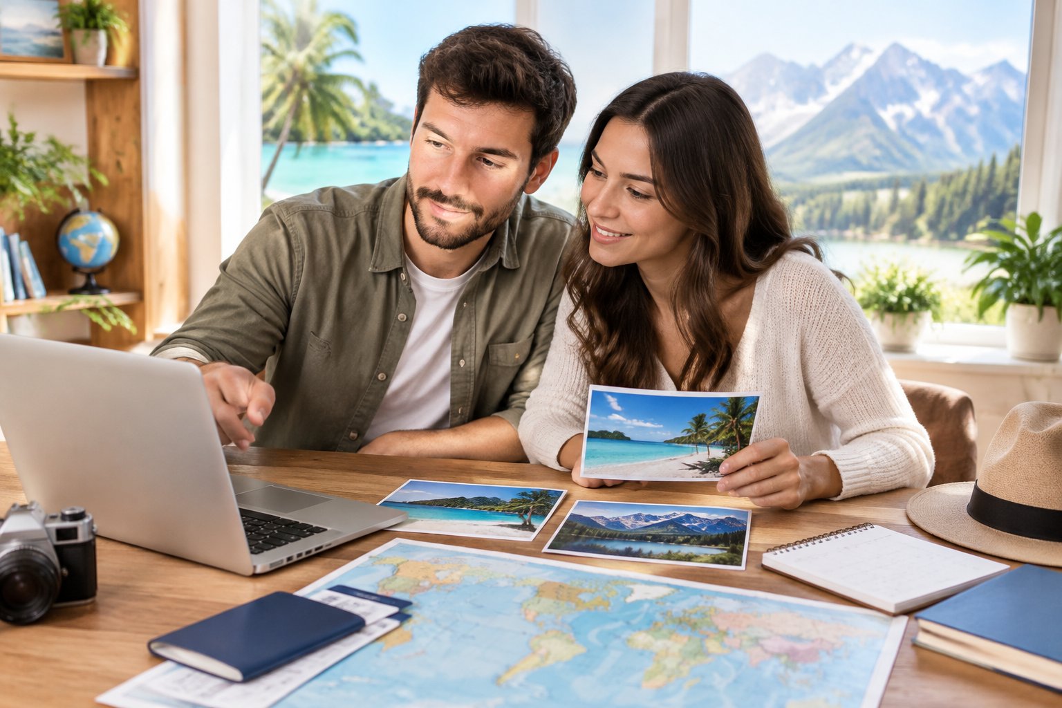 A couple compares honeymoon destinations and travel plans at a desk.