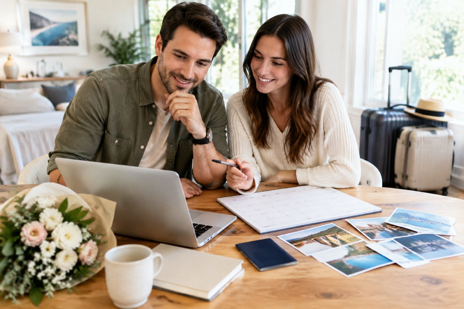 A couple plans their honeymoon reservations together at a table.