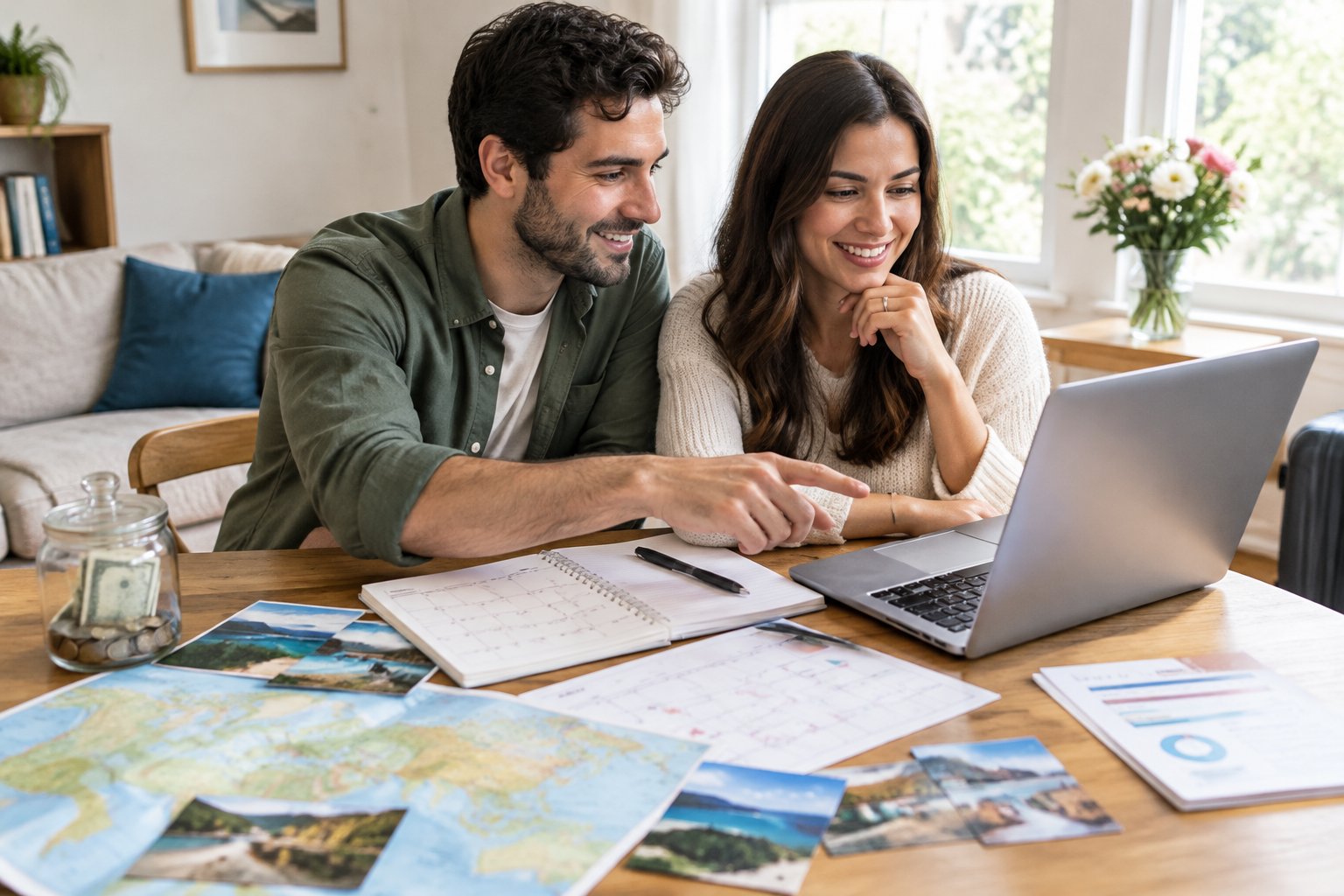 A newlywed couple plans their honeymoon together at a table with a laptop, calendar, map, and savings jar.