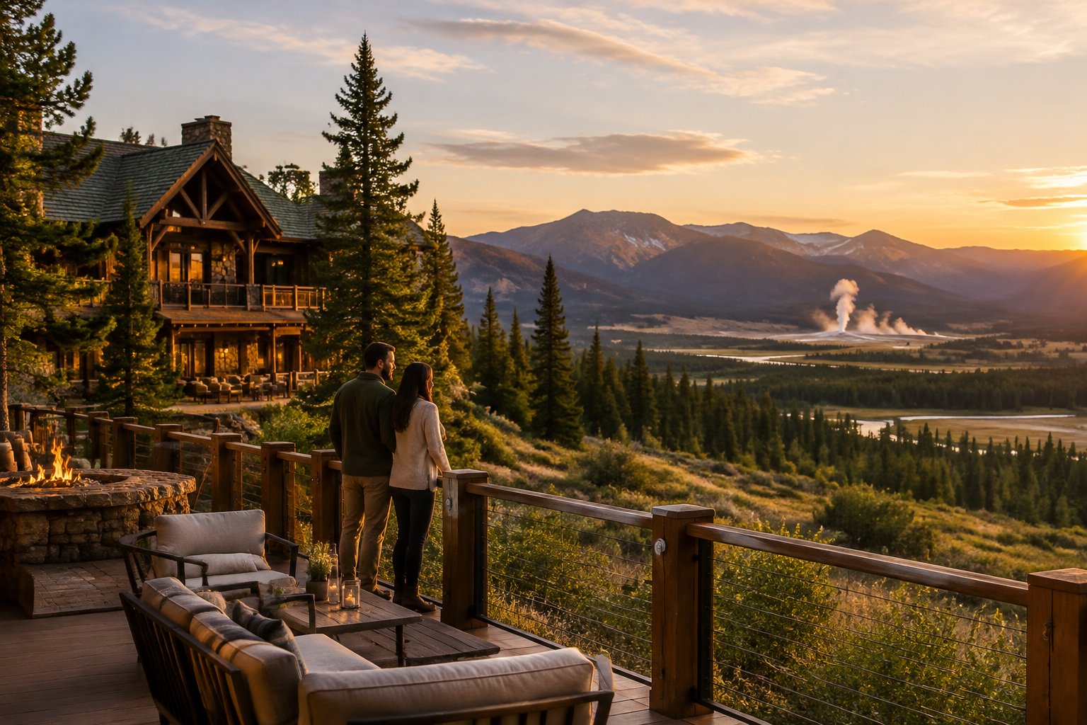 A couple stands on a lodge terrace overlooking a forested mountain landscape.
