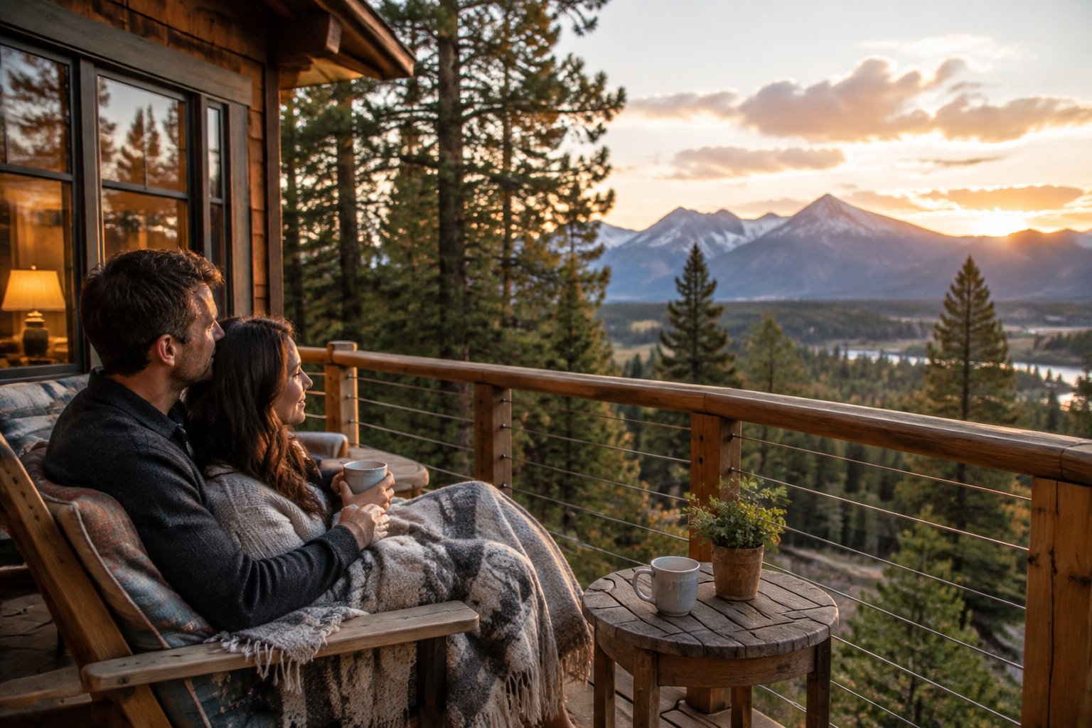 A couple relaxes together on a lodge deck overlooking a forested mountain landscape.