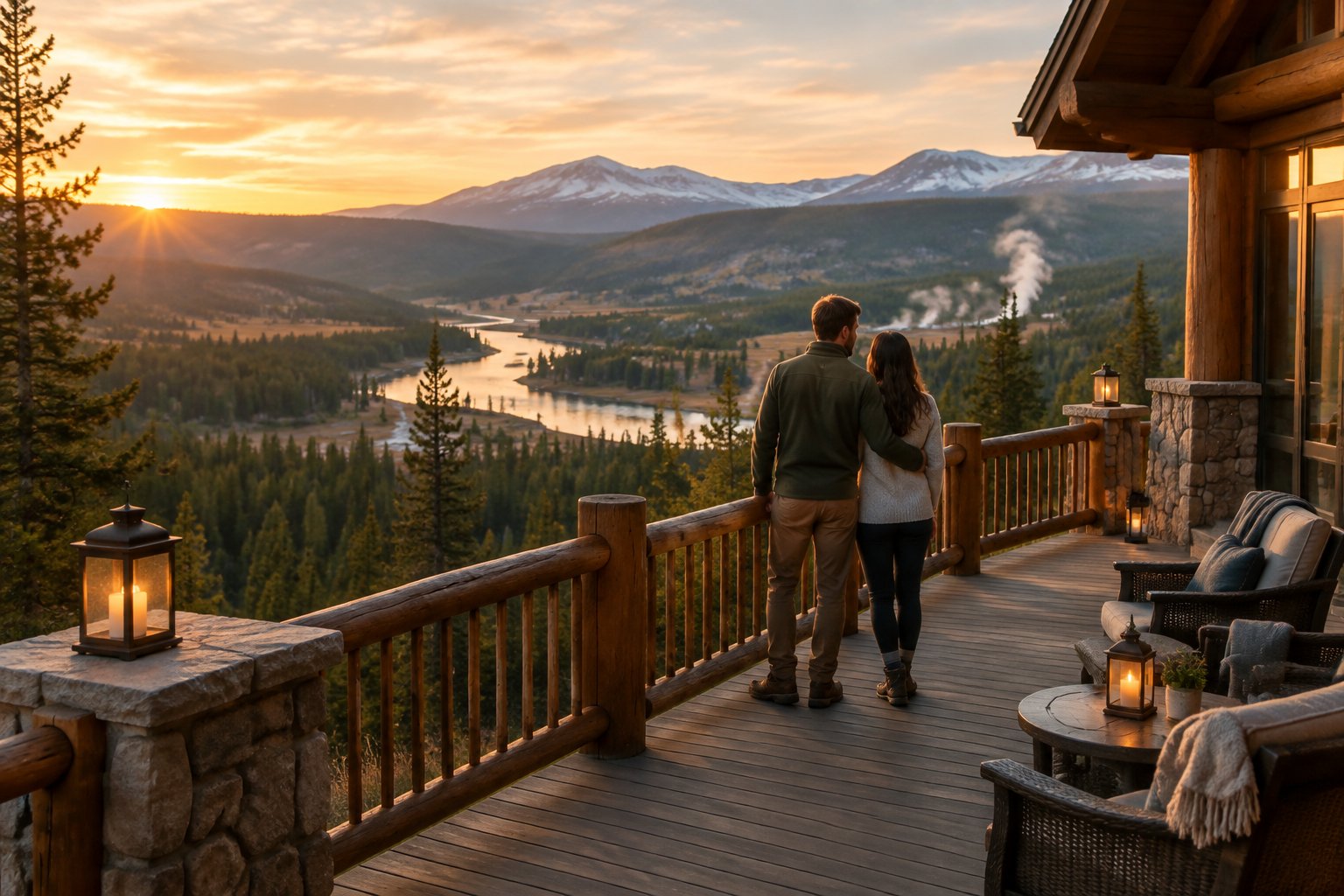 A couple looks out over a Yellowstone mountain valley from a lodge deck.