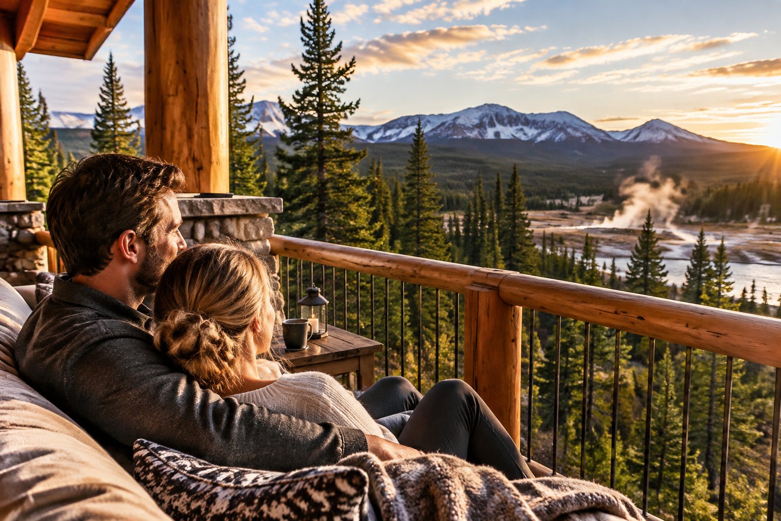 A couple sits together on a lodge veranda overlooking a mountain landscape.