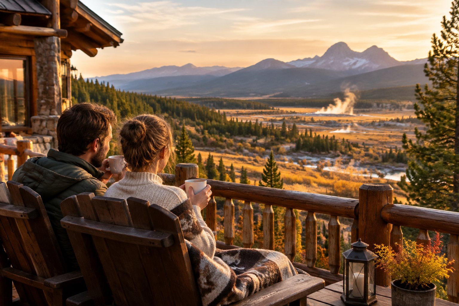 A couple shares a warm drink on a lodge terrace overlooking Yellowstone’s autumn landscape.