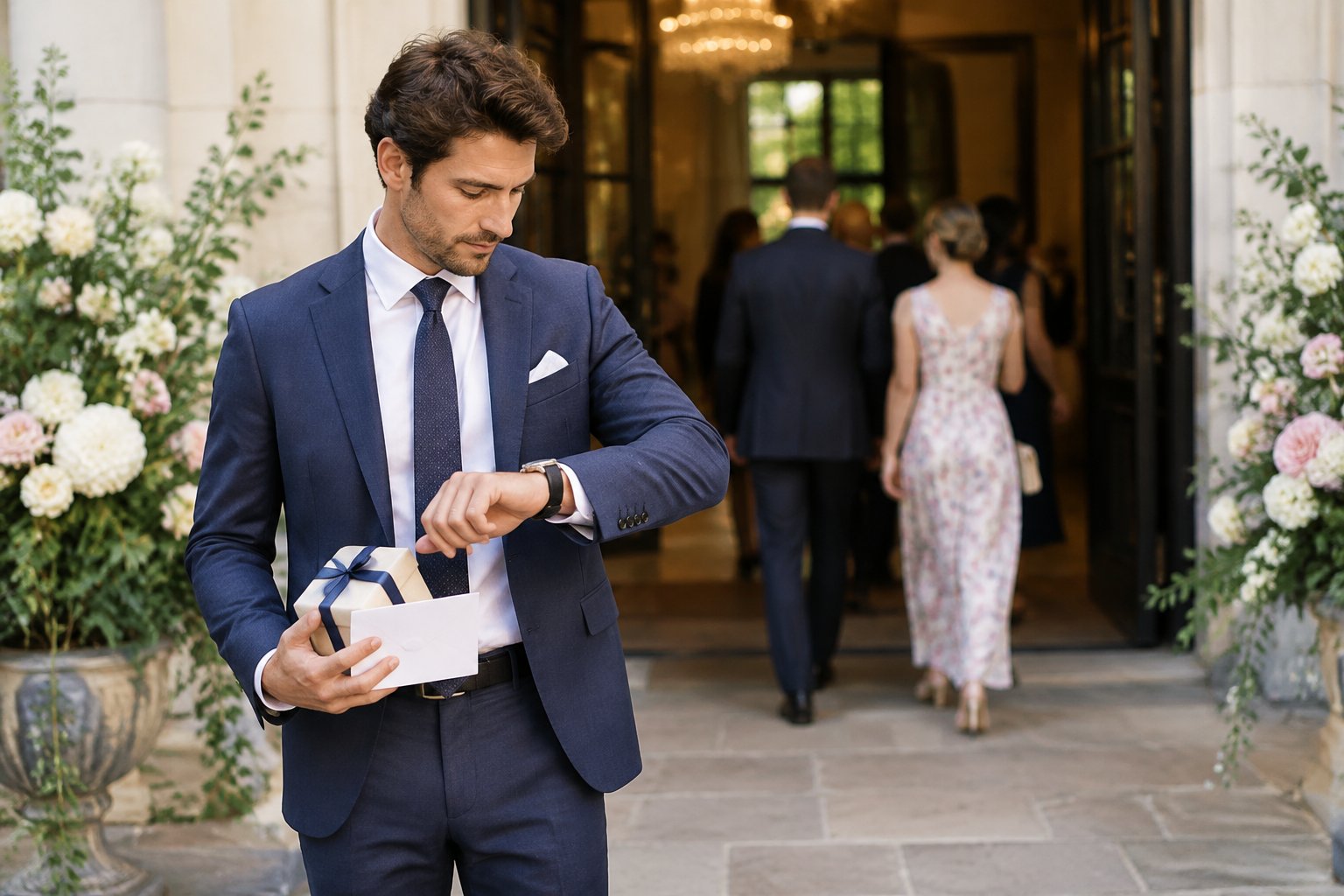 A wedding guest checks a wristwatch outside a decorated venue as other guests arrive.