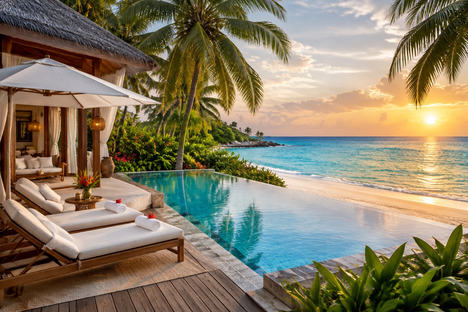 A tropical beachfront resort with a villa, infinity pool, loungers, and calm turquoise water.
