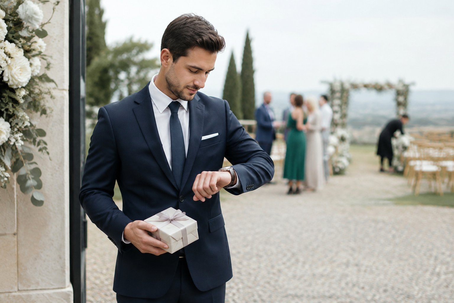 A wedding guest checks a wristwatch near an outdoor ceremony venue.