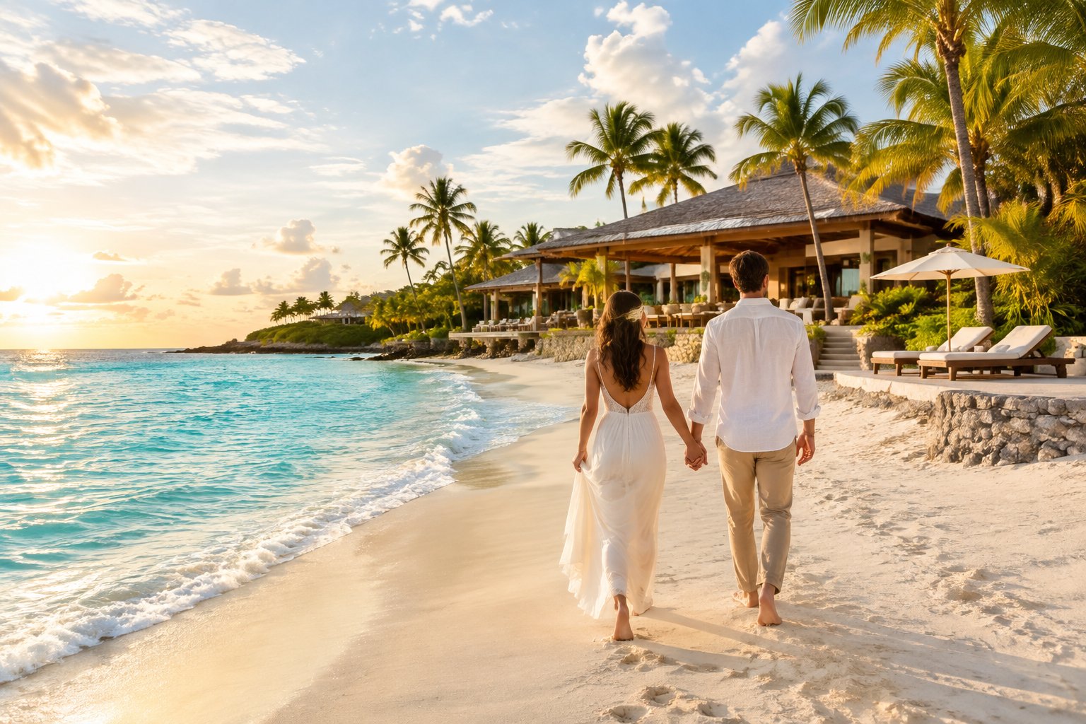 A couple walks hand in hand along a tropical beach beside a resort.