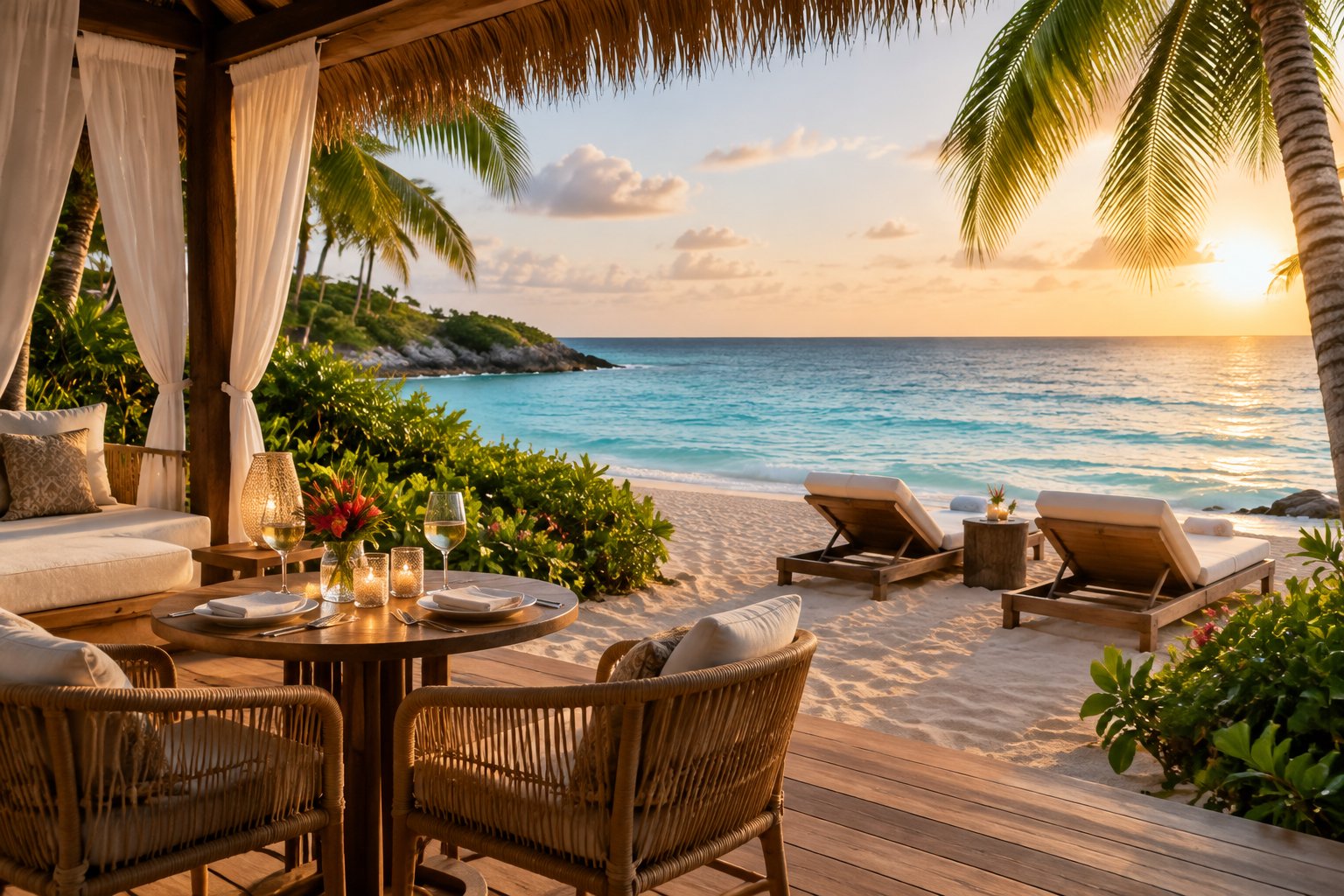 A secluded tropical resort cabana overlooks a sandy beach and calm turquoise water.