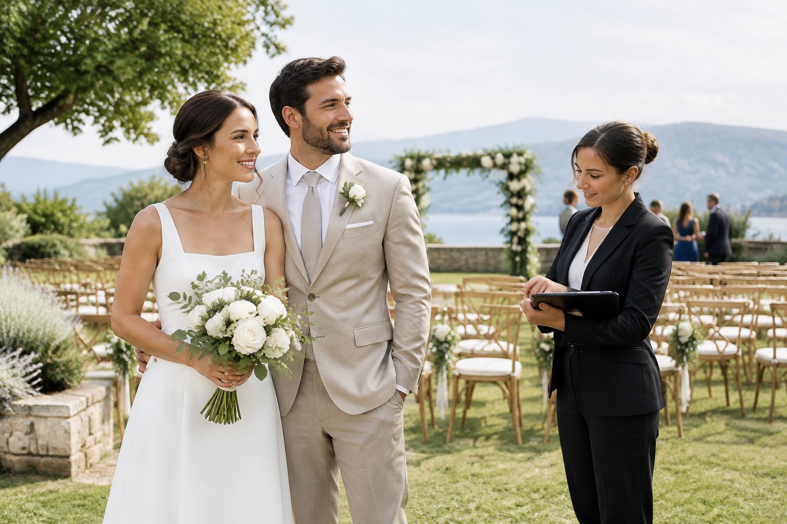 A couple in wedding attire arrives early at an outdoor ceremony venue with a planner.