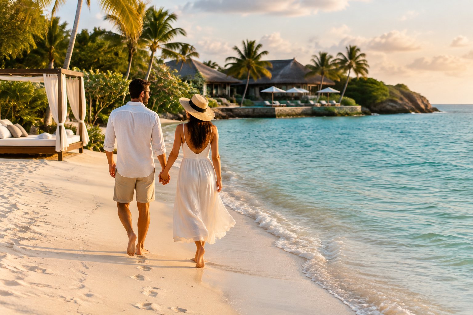 A couple walks along a tropical beach beside an oceanfront resort.