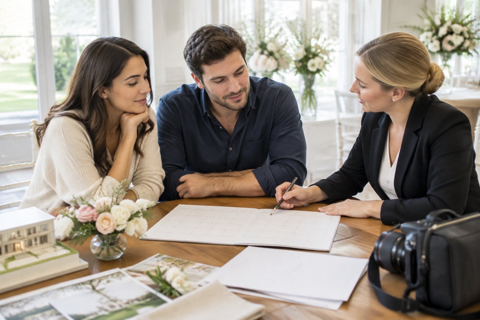 A couple in wedding attire discusses wedding plans with a venue coordinator at a table.
