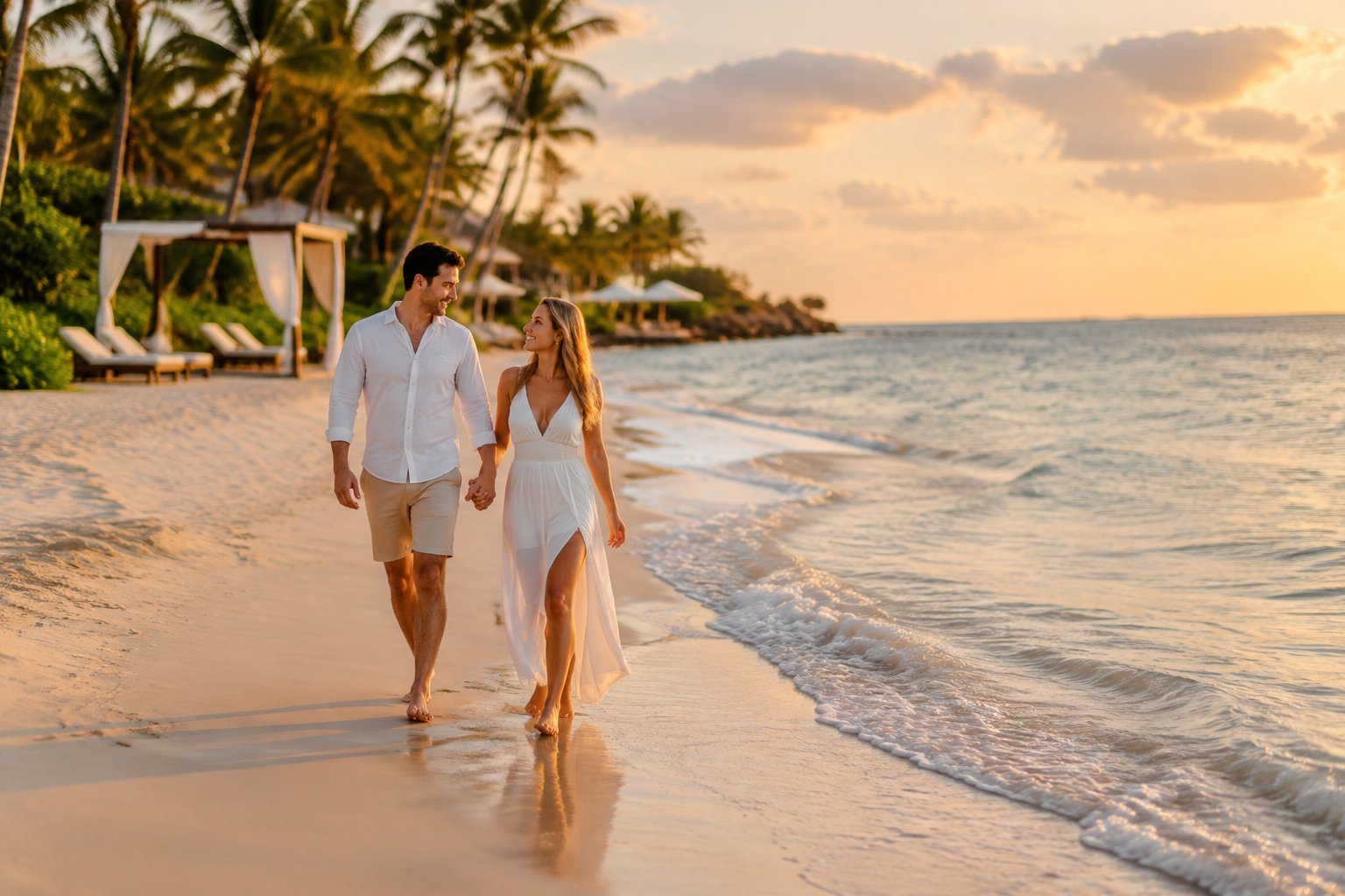 A newlywed couple walks together along the shore beside a tropical beach resort.