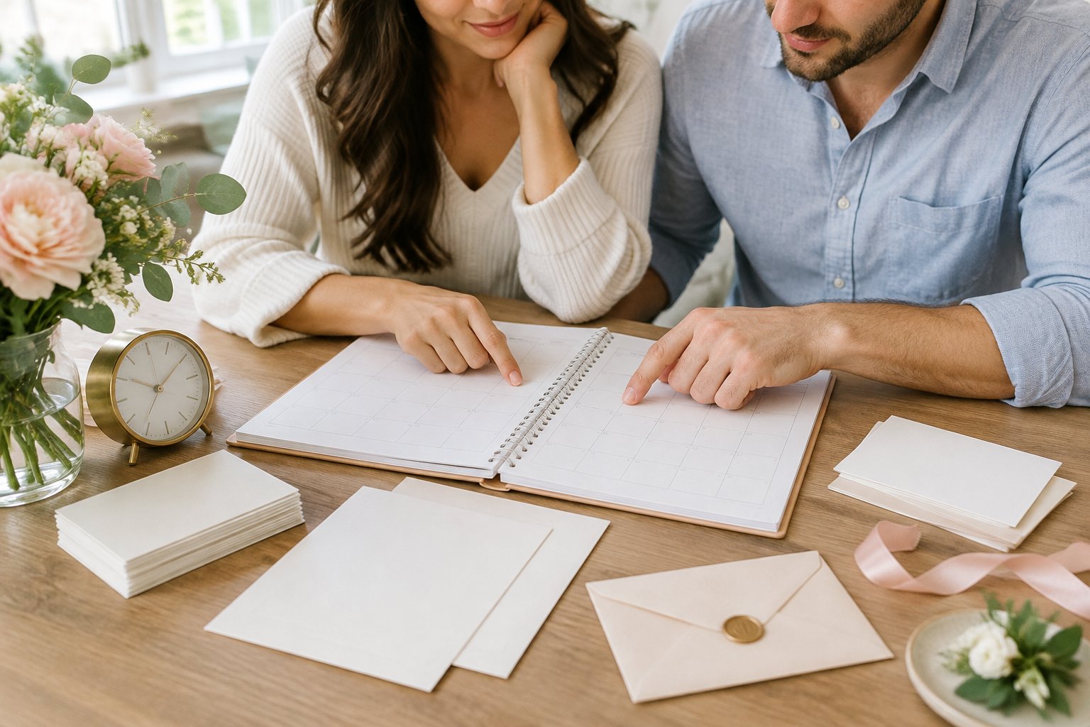 A couple reviews a wedding calendar and blank invitation cards together at a table.