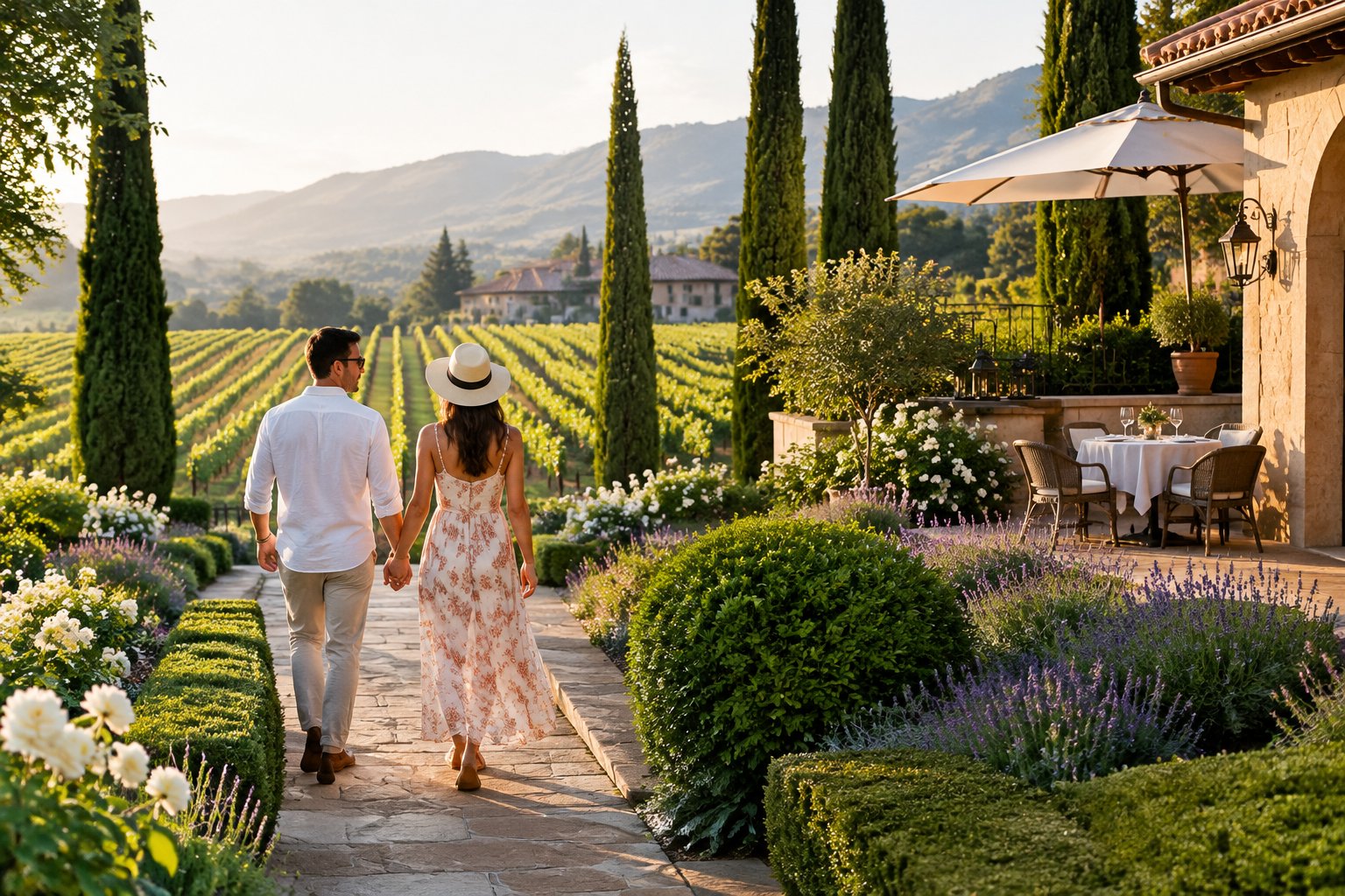 A couple walks hand in hand through a vineyard resort garden.