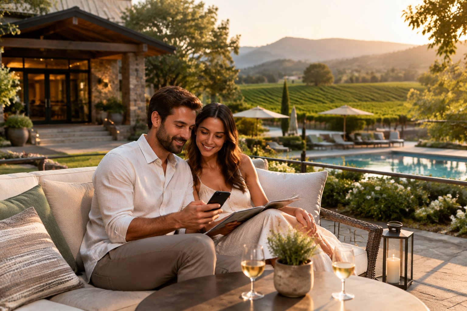 A couple reviews travel plans on a resort terrace overlooking a vineyard.