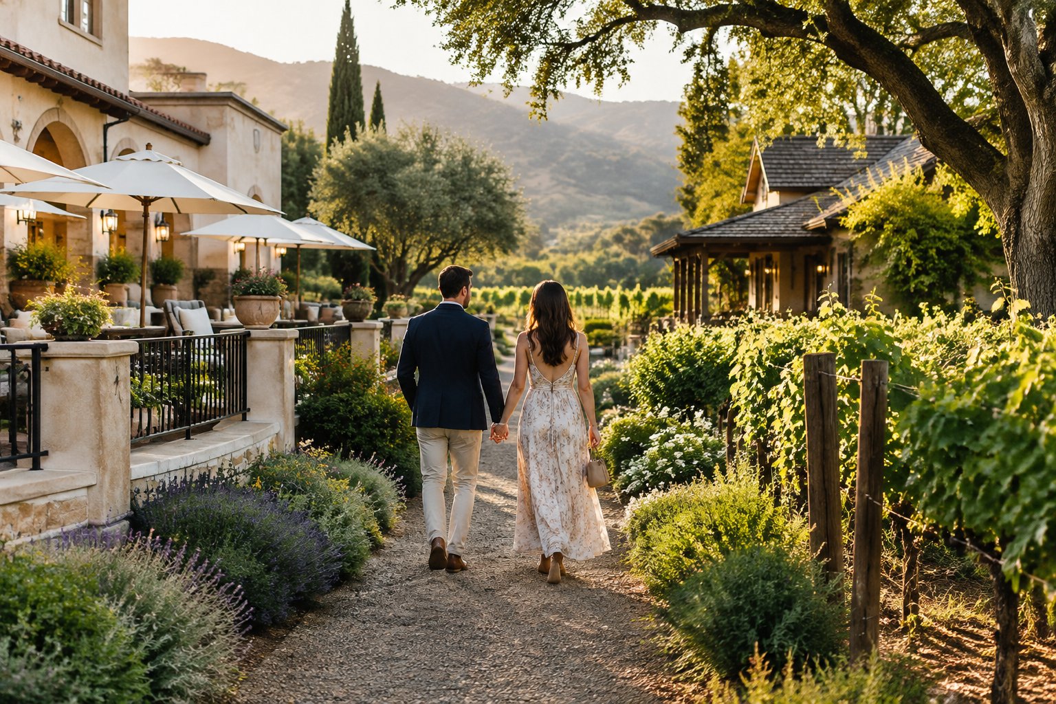 A couple walks hand in hand along a garden path between a hotel and vineyard.