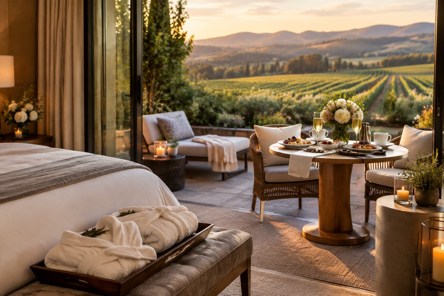 A romantic resort terrace with breakfast for two overlooking vineyards.