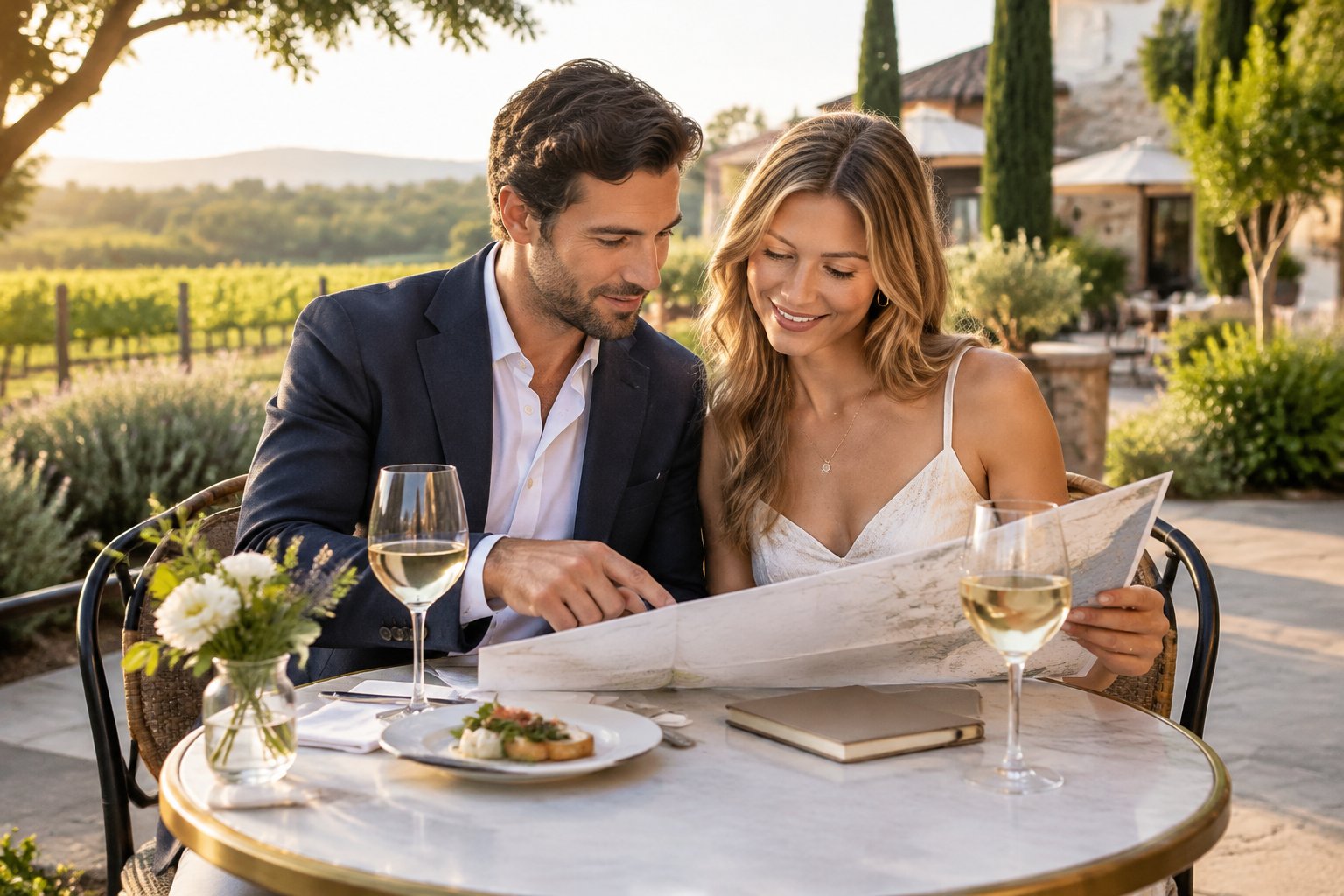 A couple plans their wine-country outing at an outdoor café table.