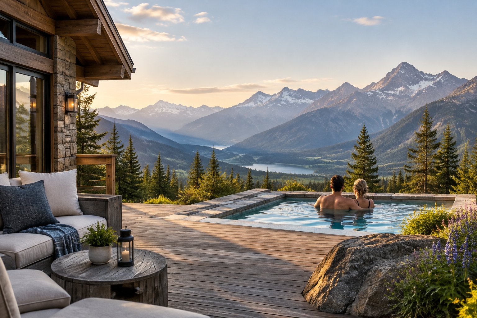 A couple relaxes on a resort terrace overlooking a mountain valley.