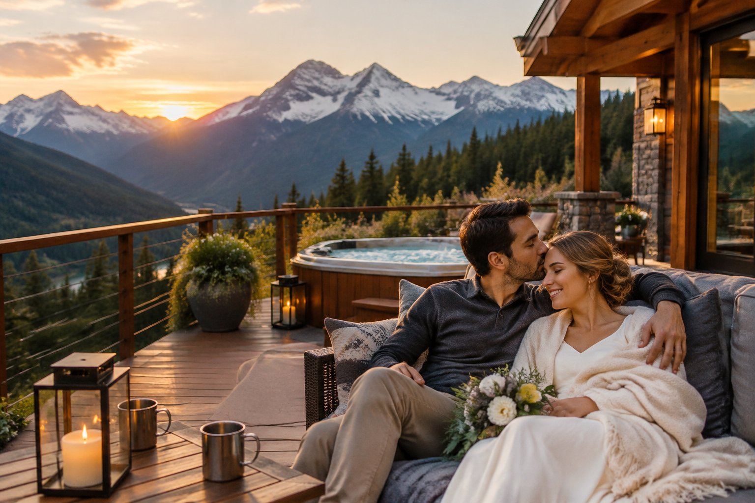 A newlywed couple relaxes on a lodge terrace overlooking forested mountains.