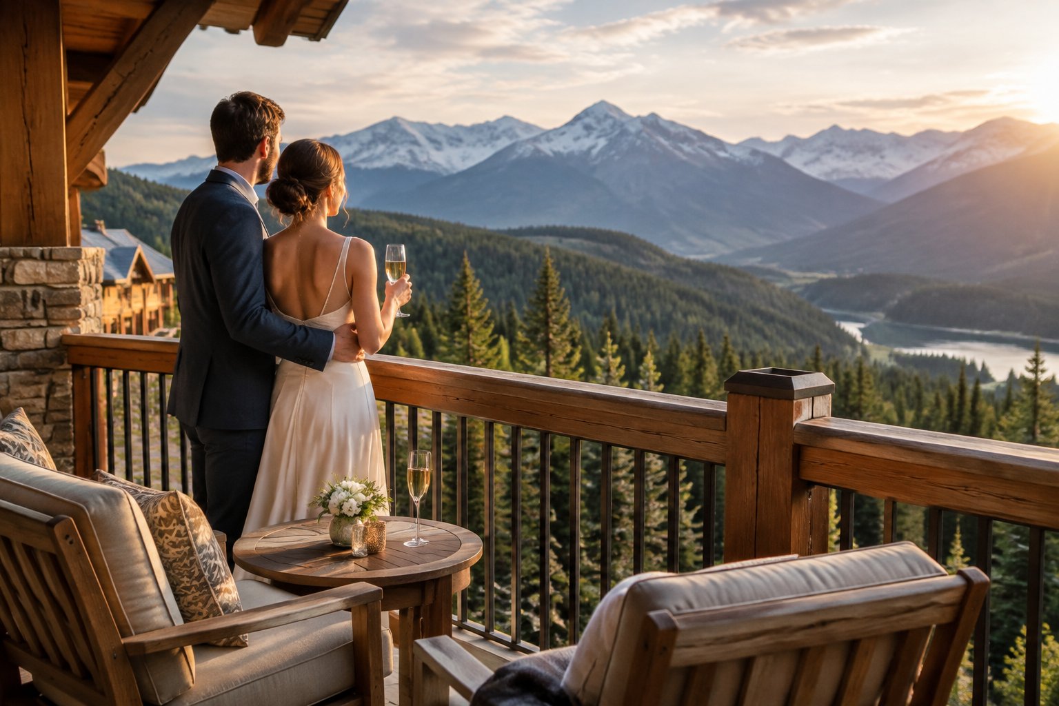 A couple stands together on a mountain resort balcony overlooking a forested valley and distant peaks.