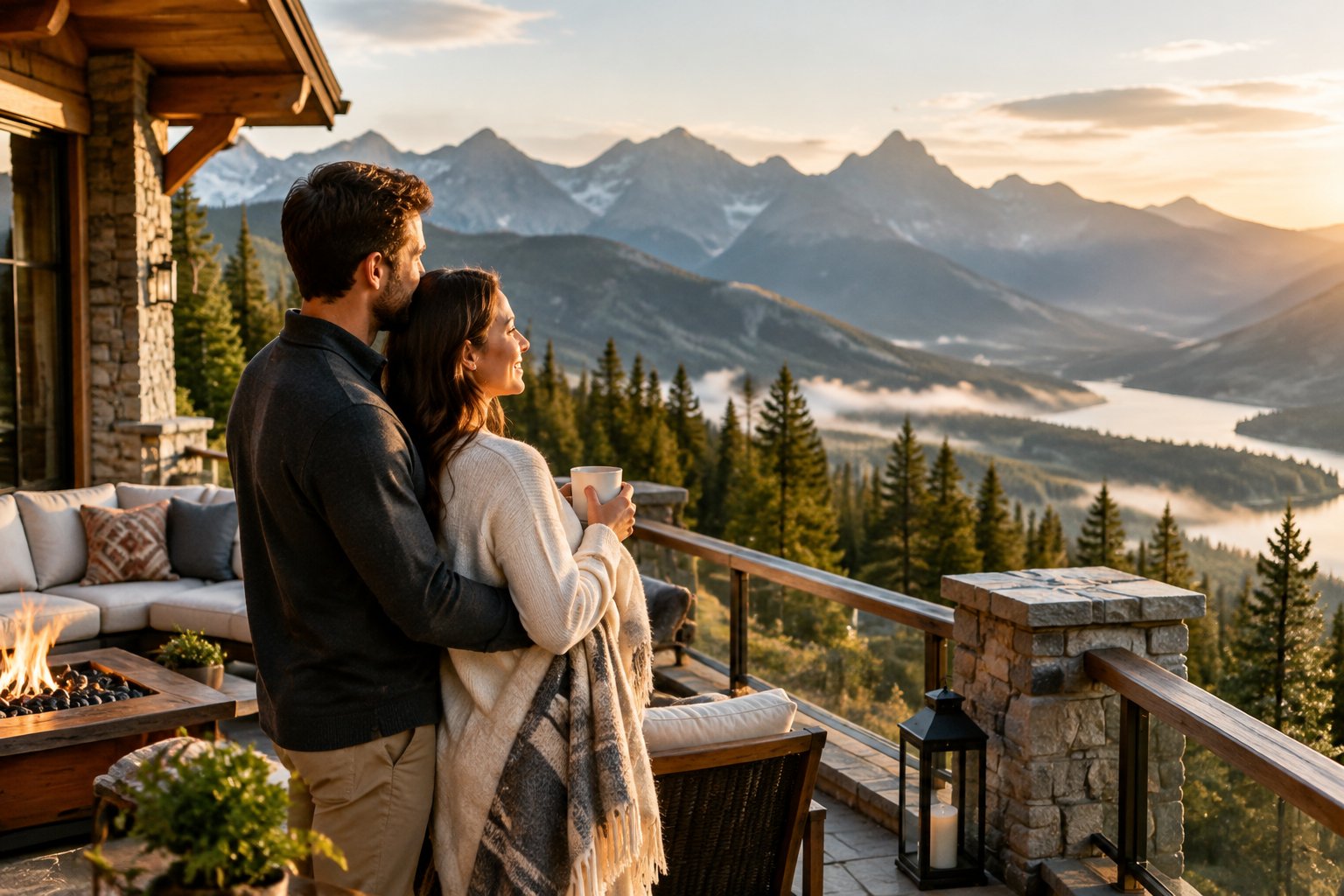A newlywed couple looks out over a mountain valley from a resort terrace.