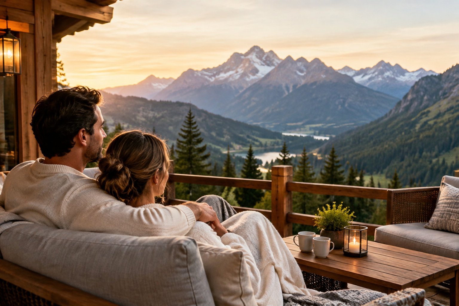 A couple relaxes on a lodge terrace overlooking a mountain valley.