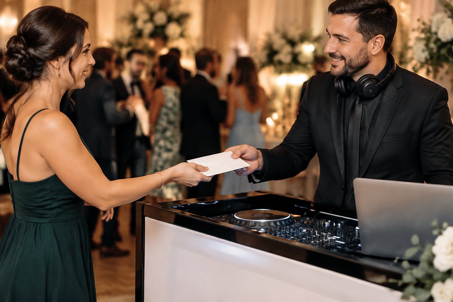 A wedding guest hands an envelope to a DJ beside the DJ booth at a reception.
