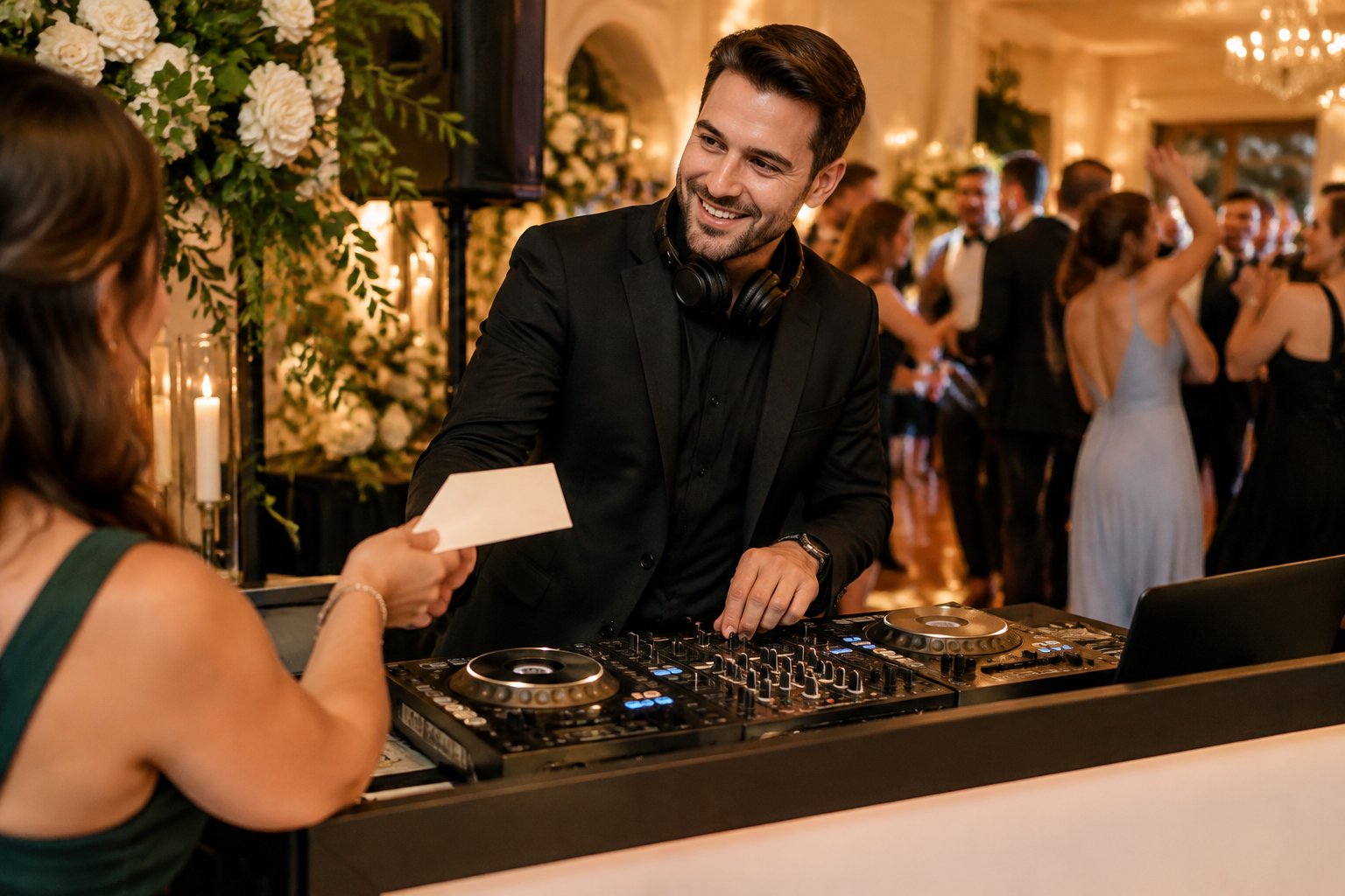 A wedding guest hands an envelope to a DJ at a reception.