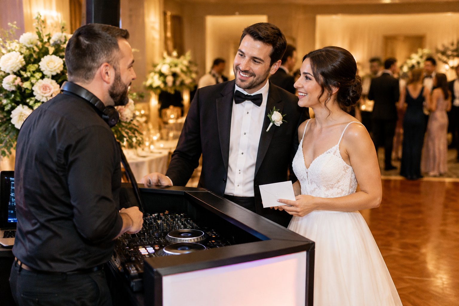 A newlywed couple speaks with their wedding DJ beside the reception booth.