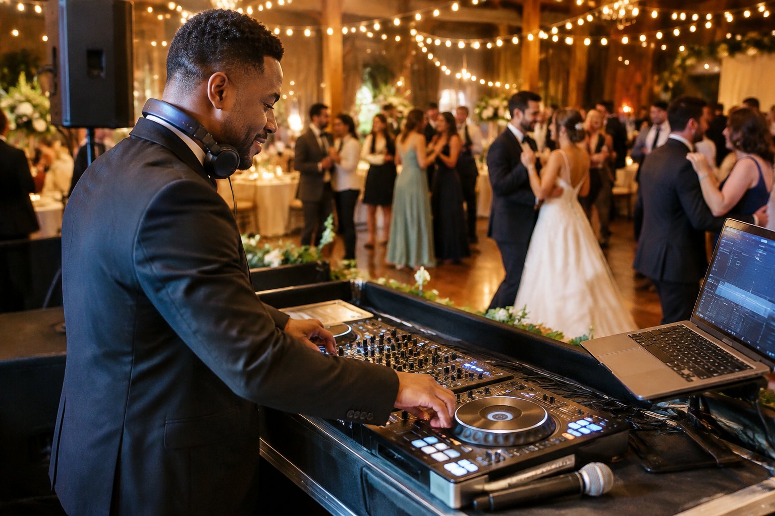 A wedding DJ works at a mixing console while guests dance at a reception.