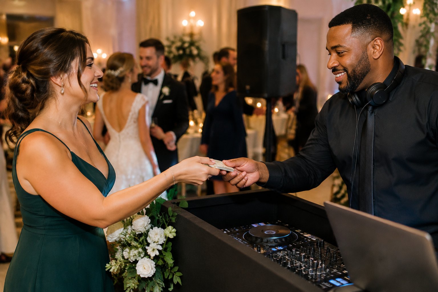 A wedding guest discreetly hands a tip to the DJ at a reception.