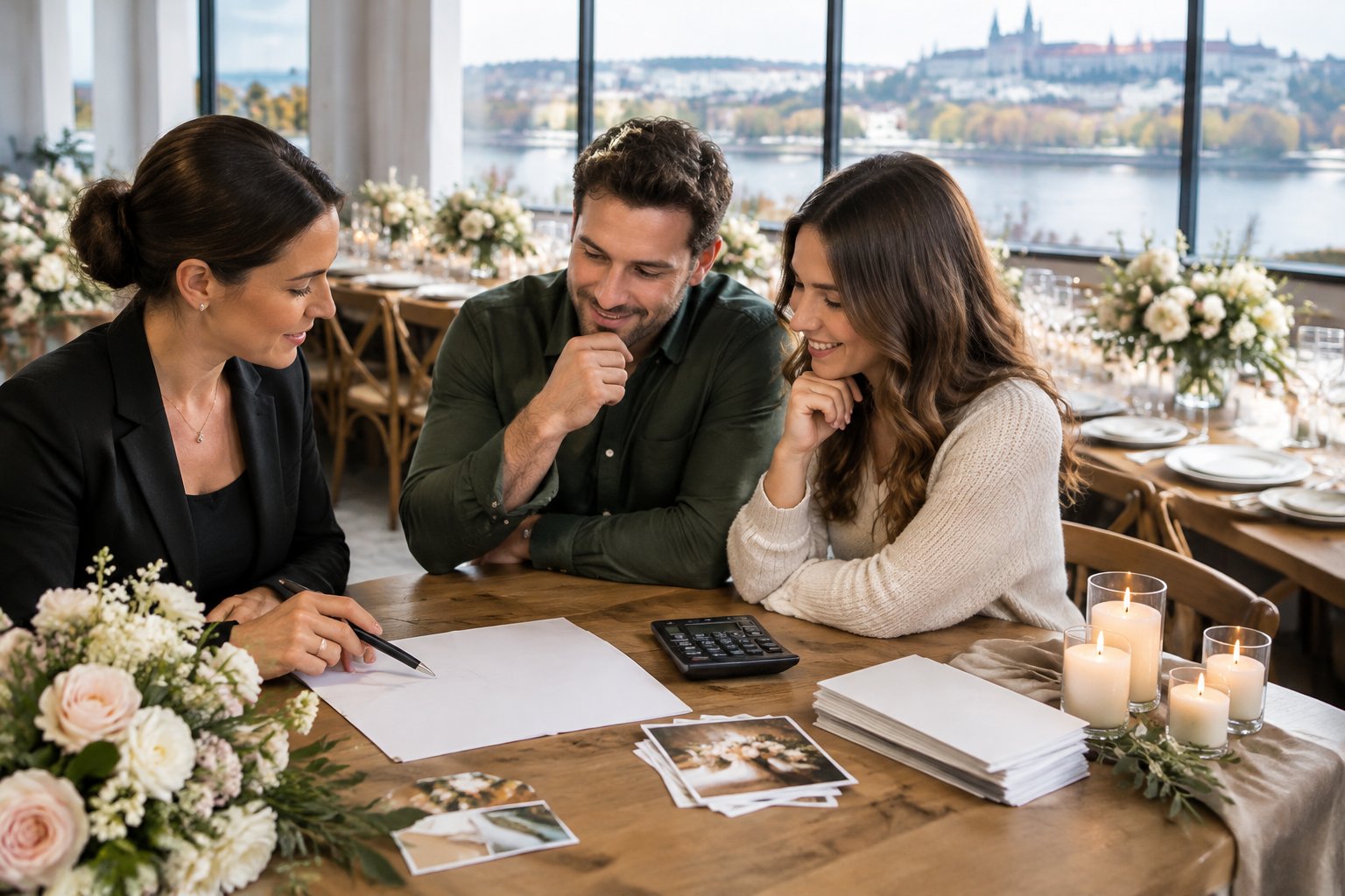 A couple and wedding planner review a budget at a small wedding reception.