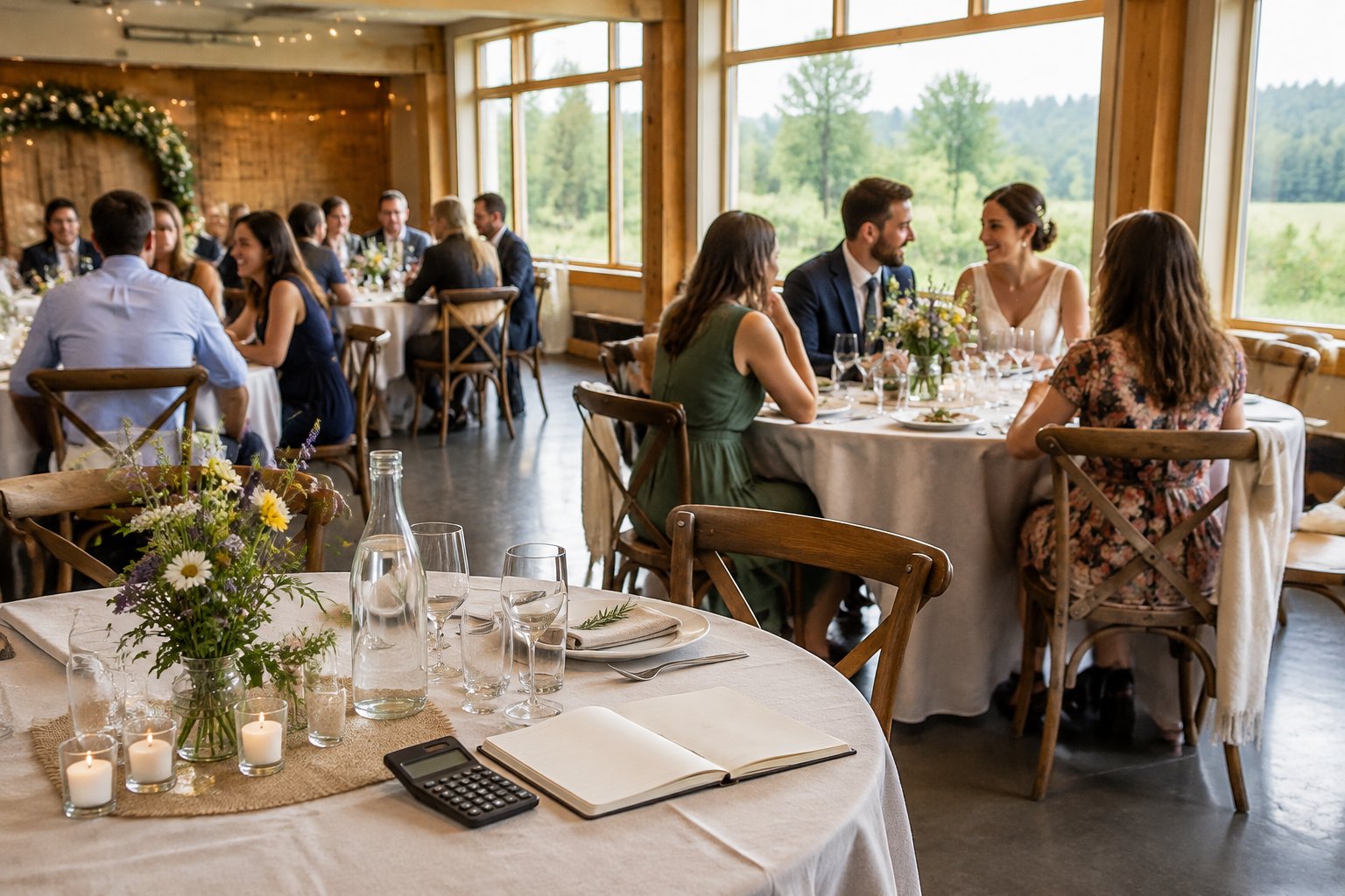 Guests share a meal at a small, simply decorated wedding reception.
