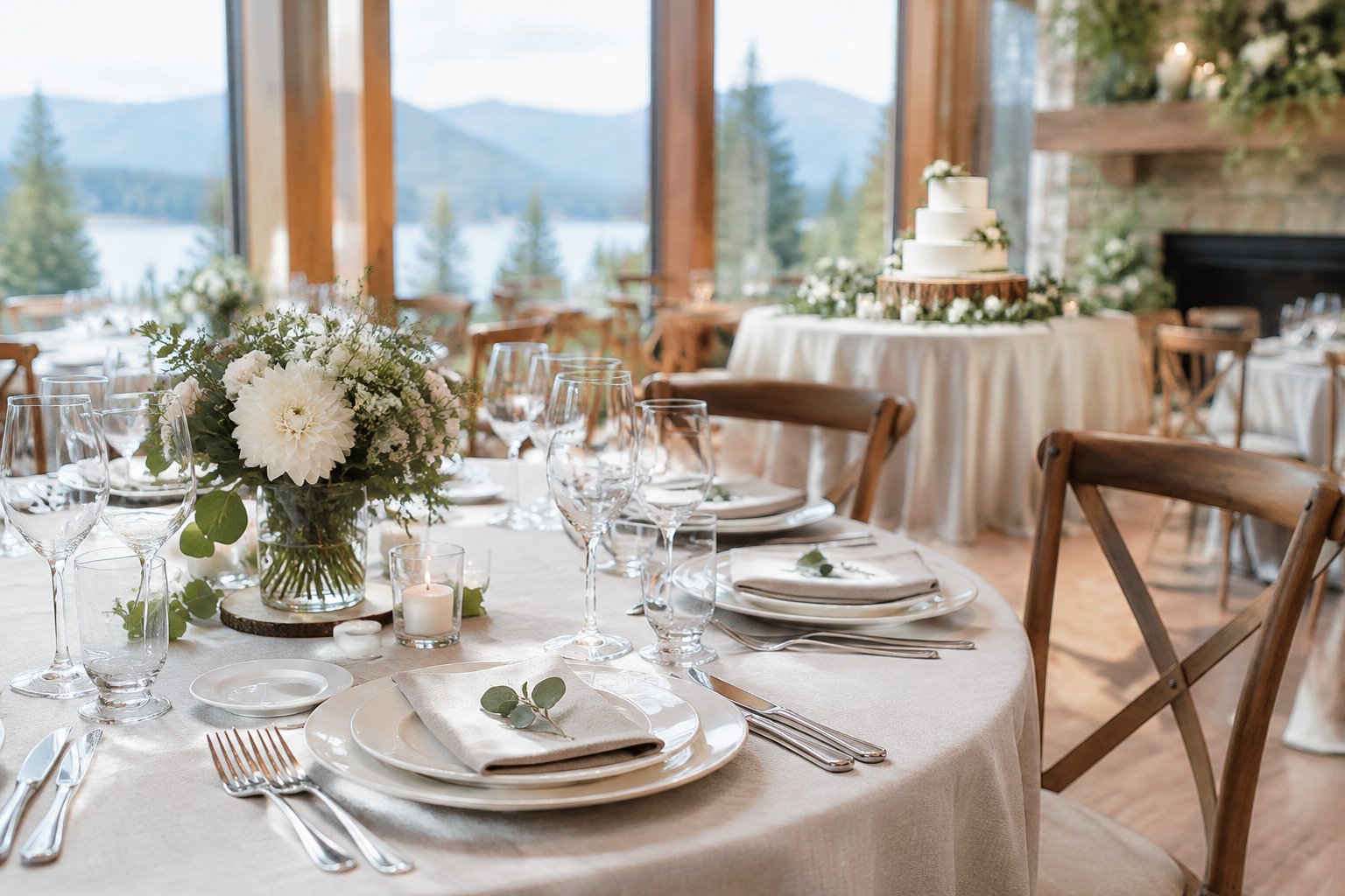 A wedding reception table set with dinnerware, flowers, and glassware.