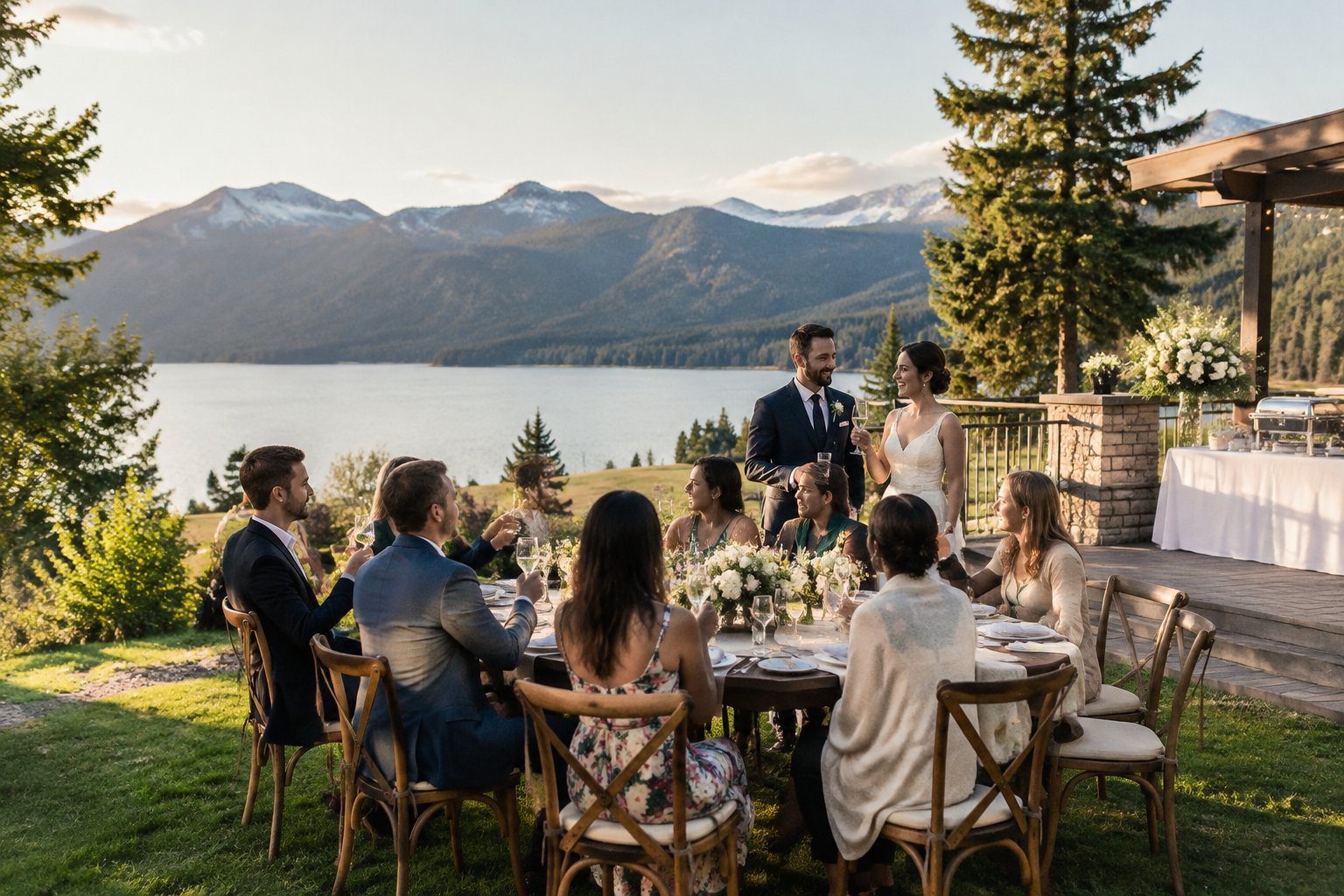 A couple celebrates with guests at a small outdoor wedding reception.