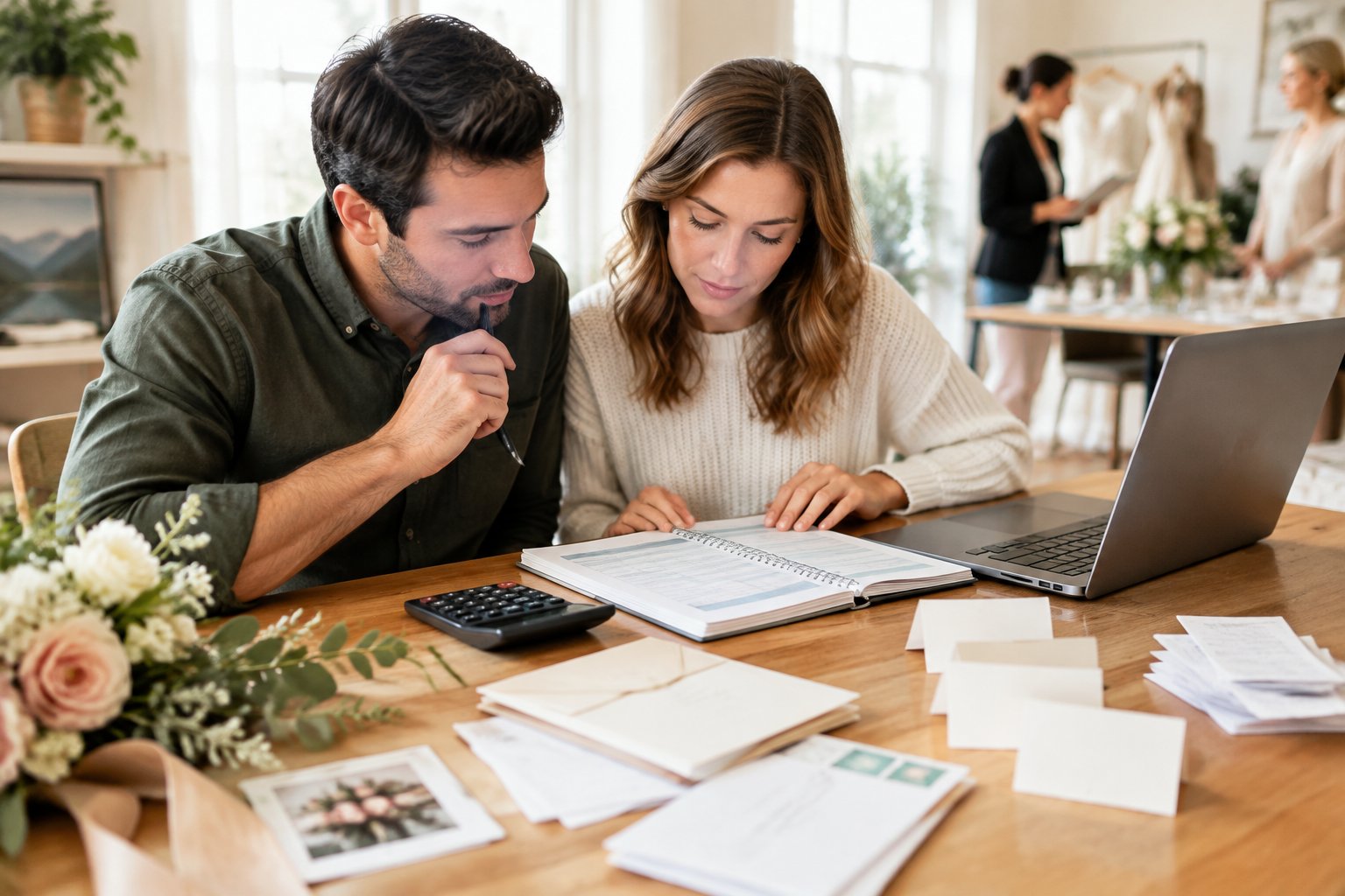A couple reviews wedding expenses at a table with a calculator, receipts, and planning materials.