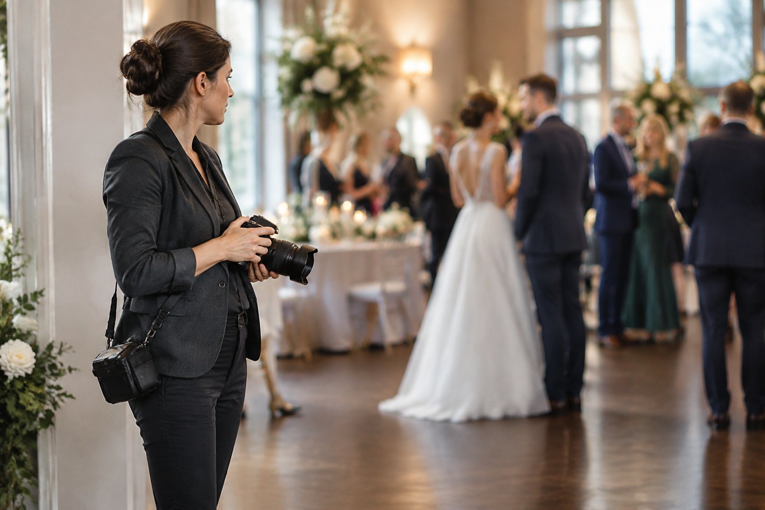 A photographer in dark formal clothing takes pictures at a wedding reception.