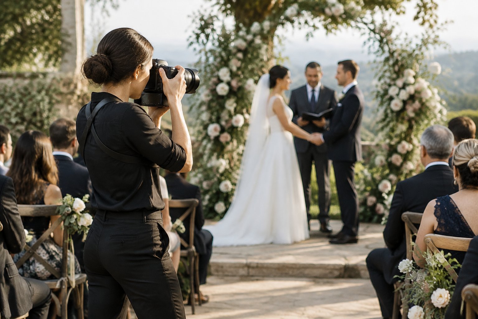 A wedding photographer in dark professional clothing takes photos during a ceremony.