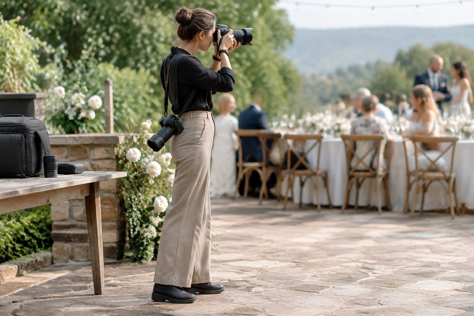 A wedding photographer takes a picture at an outdoor reception while wearing practical shoes and comfortable clothing.