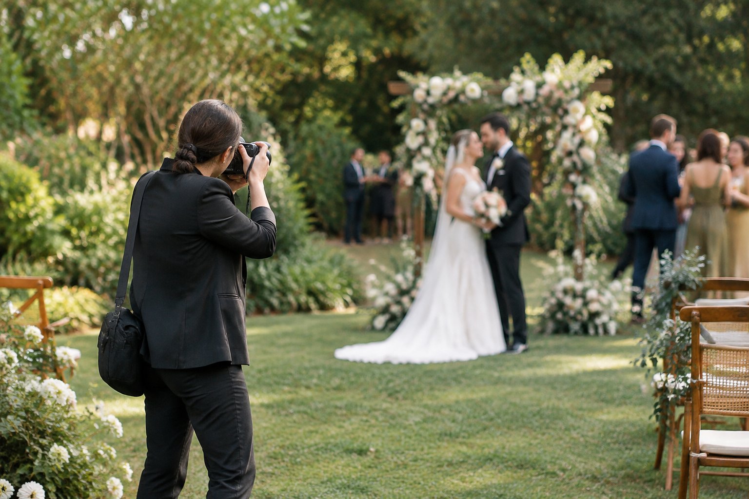 A wedding photographer takes a picture of a couple at an outdoor garden wedding.