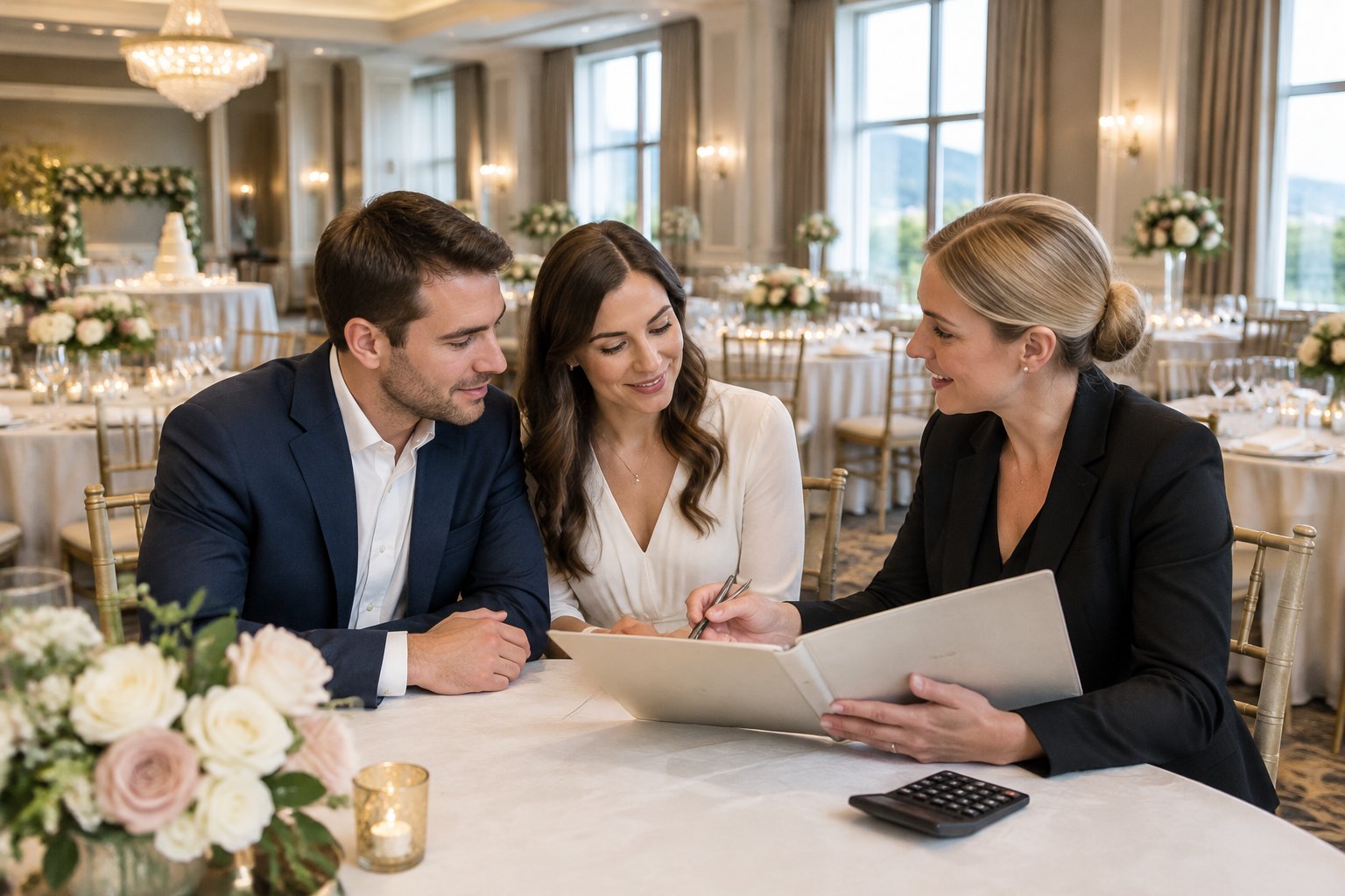 A couple discusses wedding plans with a hotel coordinator in a decorated ballroom.