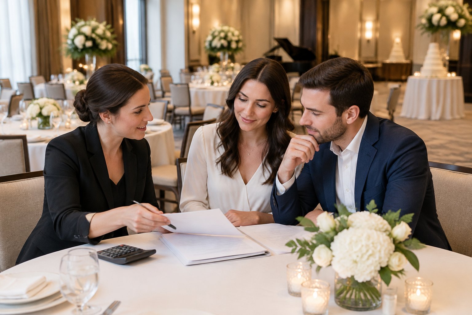 A couple and wedding planner review venue documents in a decorated hotel ballroom.