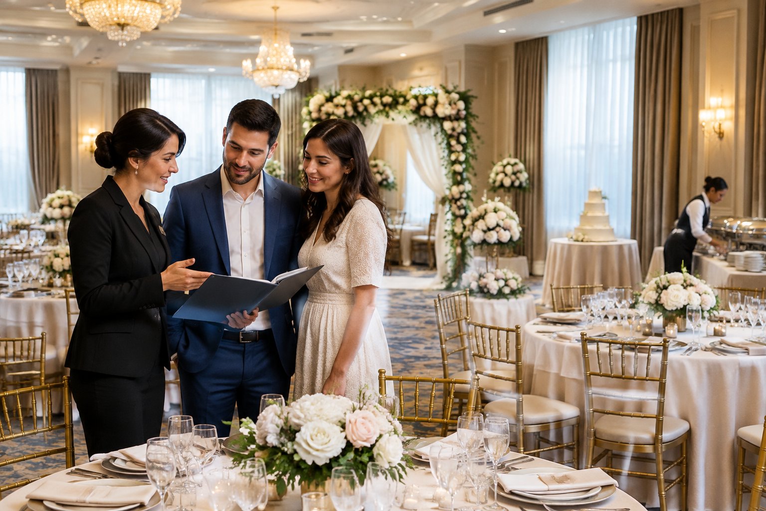 A couple speaks with a hotel coordinator in a ballroom set for a wedding reception.