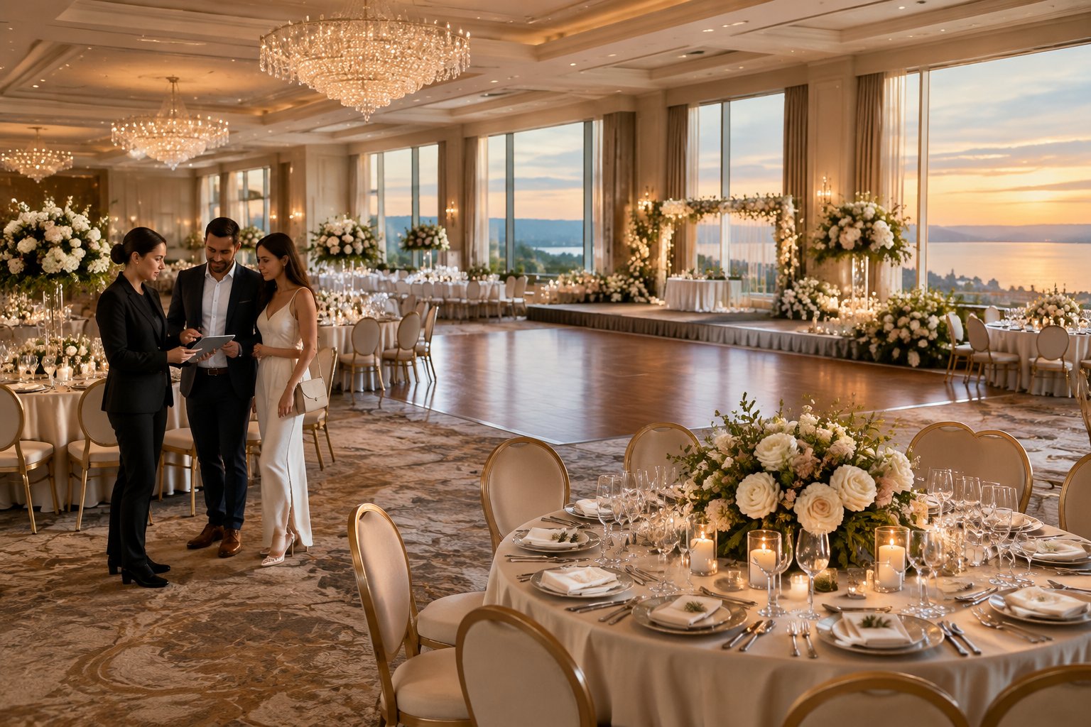 A couple and hotel coordinator view an elegantly decorated wedding ballroom.